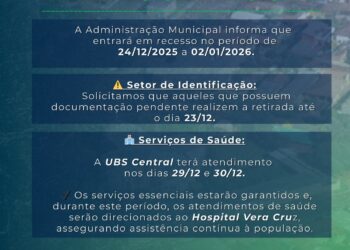 Recesso no período de 24 de dezembro de 2025 a 02 de janeiro de 2026